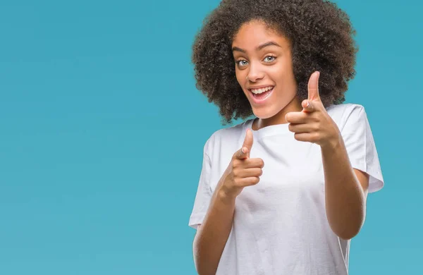 Young Afro American Woman Isolated Background Pointing Fingers Camera Happy — Stock Photo, Image