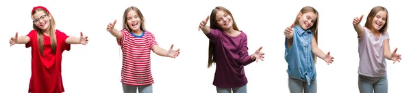 Collage Niña Hermosa Joven Sobre Fondo Aislado Mirando Cámara Sonriendo — Foto de Stock