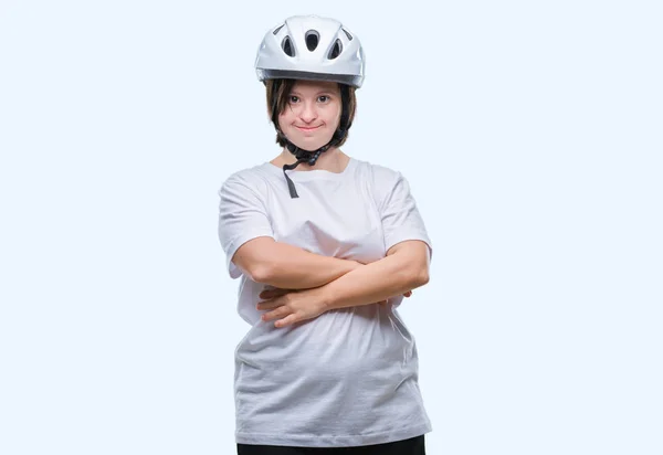 Mulher Ciclista Adulto Jovem Com Síndrome Usando Capacete Segurança Sobre — Fotografia de Stock