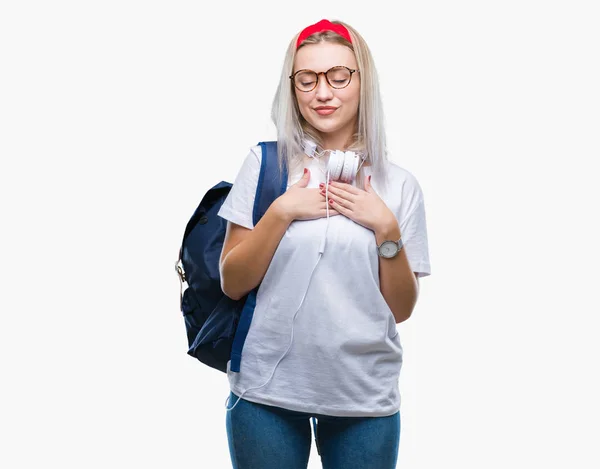 Young Blonde Student Woman Wearing Glasses Backpack Isolated Background Smiling — Stock Photo, Image