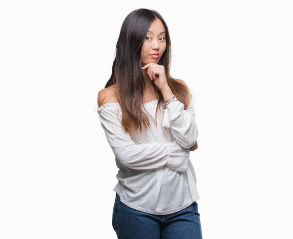 Young Asian Woman Isolated Background Looking Confident Camera Smile Crossed — Stock Photo, Image