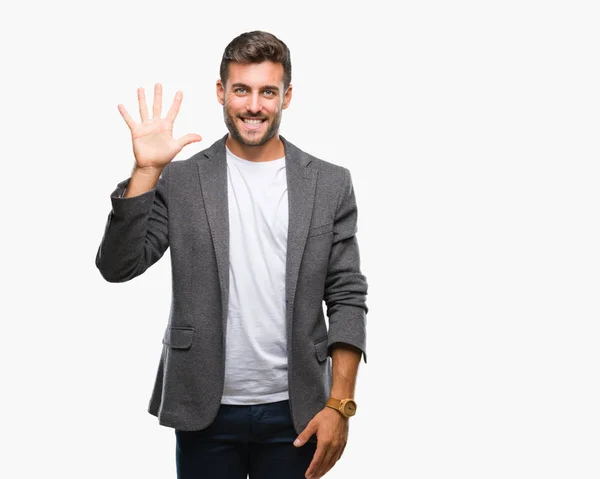 年轻英俊的商业男子在孤立的背景显示和指向五的手指 而微笑着自信和快乐 — 图库照片
