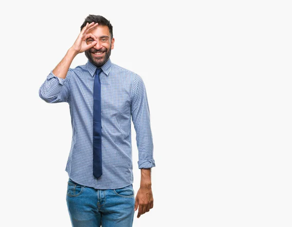 Adulto Hispânico Homem Negócios Sobre Isolado Fundo Fazendo Gesto Com — Fotografia de Stock