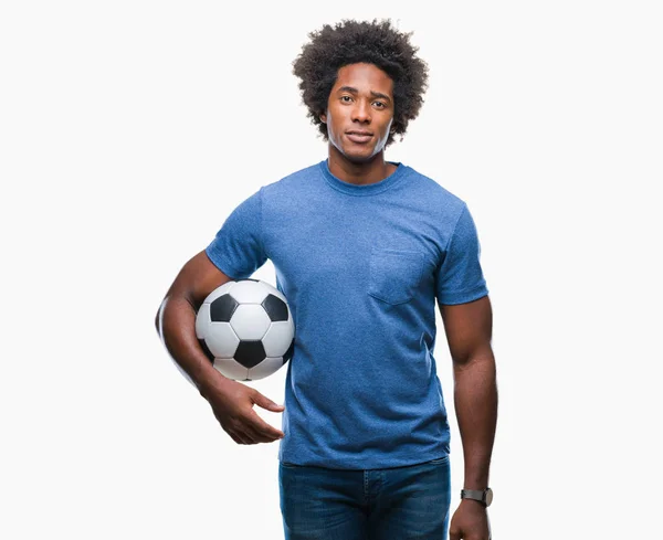Афро Американський Чоловік Тримає Футбольний Над Ізольованих Фону Виразом Впевнено — стокове фото