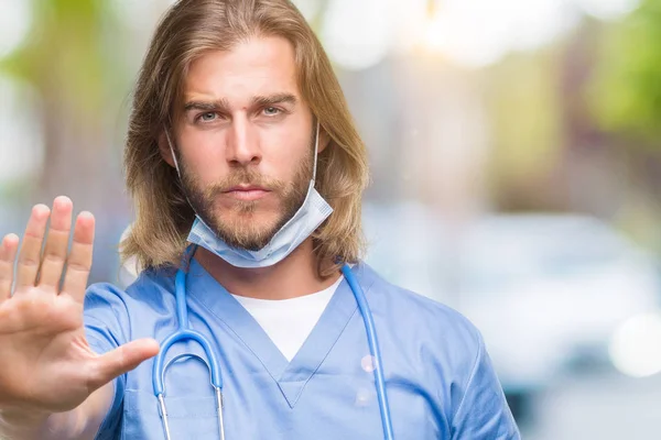 Young Handsome Male Doctor Long Hair Blurred Colorful Background — Stock Photo, Image