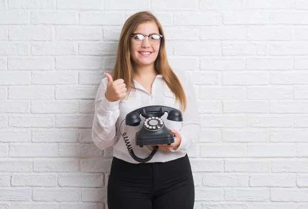 Young Adult Woman White Brick Wall Holding Vintage Telephone Happy — Stock Photo, Image
