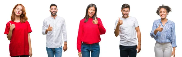 集体华人 西班牙裔人在孤立的背景下做快乐竖起大拇指的手势与手 通过显示成功来批准镜头的表达 — 图库照片