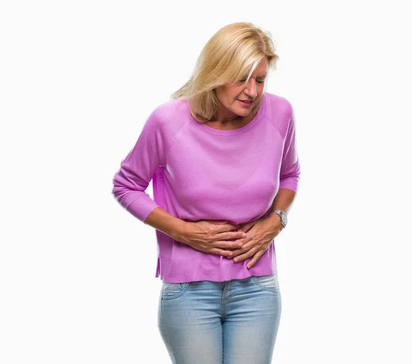 Middle Age Blonde Woman Isolated Background Hand Stomach Because Nausea — Stock Photo, Image
