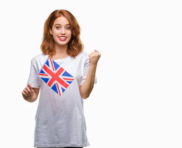 Jovem Bela Mulher Segurando Bandeira Reino Unido Sobre Fundo Isolado — Fotografia de Stock