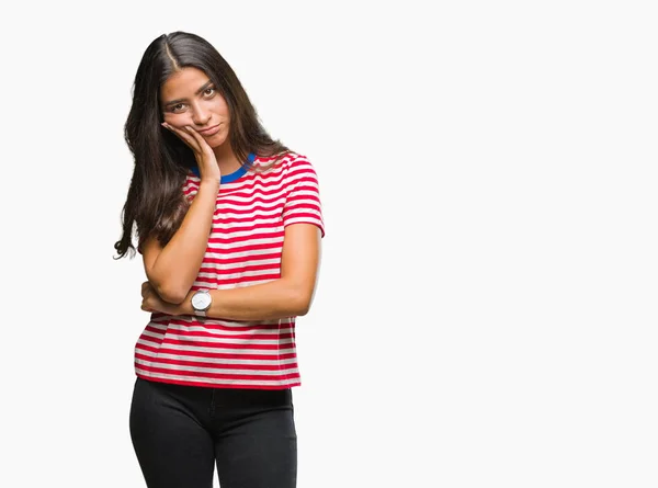 Mujer Árabe Hermosa Joven Sobre Fondo Aislado Pensando Que Cansado — Foto de Stock