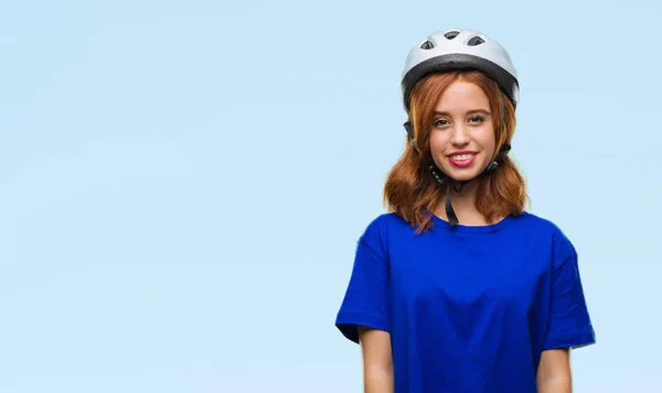 Junge Schöne Frau Mit Fahrradhelm Über Isoliertem Hintergrund Mit Einem — Stockfoto