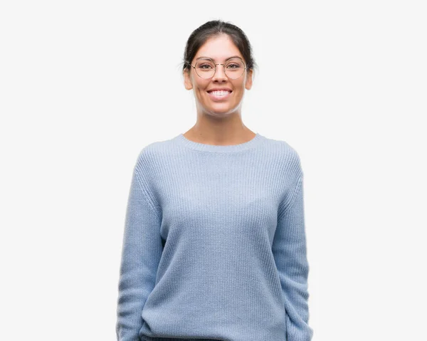 Young Beautiful Hispanic Woman Wearing Bun Happy Face Standing Smiling — Stock Photo, Image