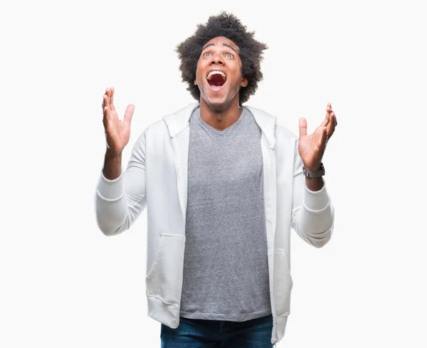 Afro Americano Uomo Indossa Felpa Sfondo Isolato Celebrando Pazzo Stupito — Foto Stock