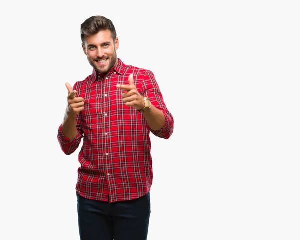 Jovem Homem Bonito Sobre Fundo Isolado Apontando Dedos Para Câmera — Fotografia de Stock