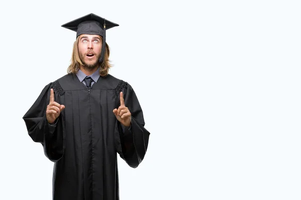 Young Handsome Graduated Man Long Hair Isolated Background Amazed Surprised — Stock Photo, Image