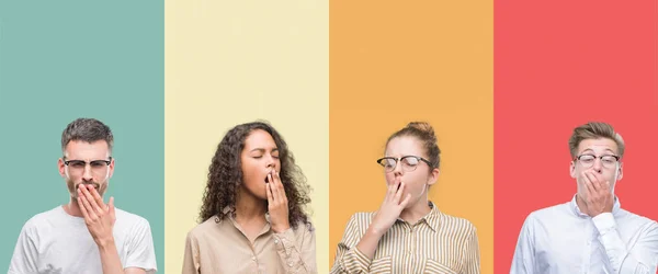 Колаж Групи Людей Ізольованих Барвистому Фоні Нудно Позіхання Втомленого Покриваючого — стокове фото