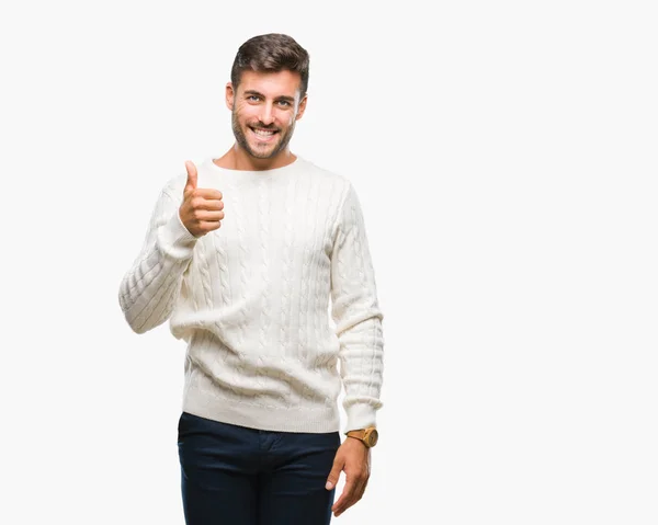 Young Handsome Man Wearing Winter Sweater Isolated Background Doing Happy — Stock Photo, Image