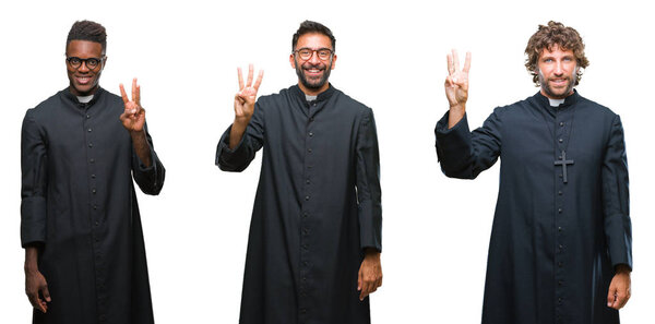 Collage of christian priest men over isolated background showing and pointing up with fingers number three while smiling confident and happy.