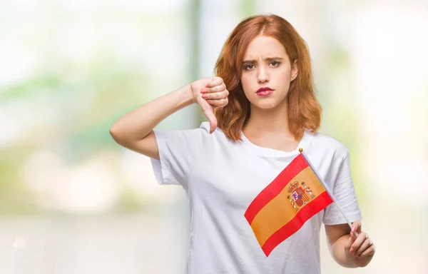 Молодая Красивая Женщина Флагом Испании Изолированном Фоне Сердитым Лицом Негативный — стоковое фото
