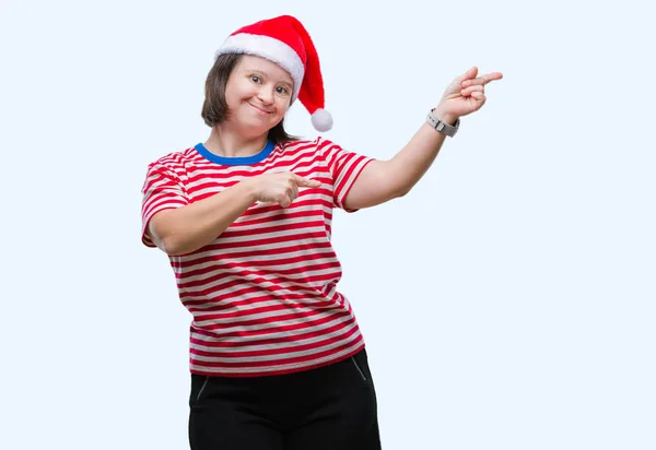 Mujer Adulta Joven Con Síndrome Con Sombrero Navidad Sobre Fondo —  Fotos de Stock