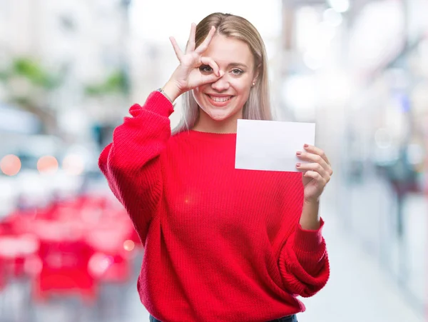 Young Blonde Woman Holding Blank Paper Card Isolated Background Happy — Stock Photo, Image