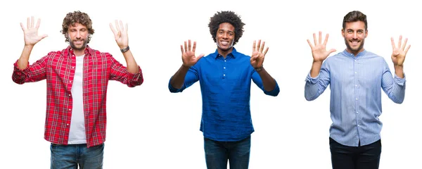 在孤立的背景下 非洲裔美国人和西班牙裔男性的拼贴显示和指向与手指数 同时微笑着自信和快乐 — 图库照片