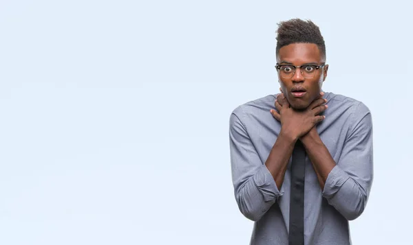 Fiatal Afro Amerikai Üzleti Elszigetelt Háttér Kiabáltak Ember Megfojt Mert — Stock Fotó
