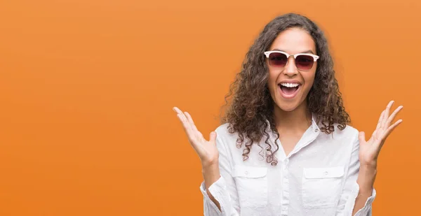 Young Hispanic Woman Wearing Sunglasses Very Happy Excited Winner Expression — Stock Photo, Image