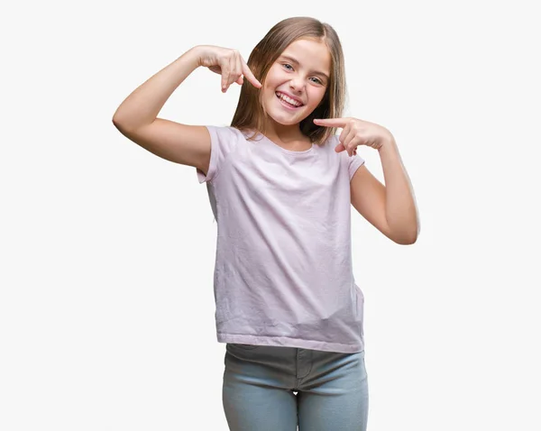 Menina Bonita Jovem Sobre Fundo Isolado Sorrindo Confiante Mostrando Apontando — Fotografia de Stock