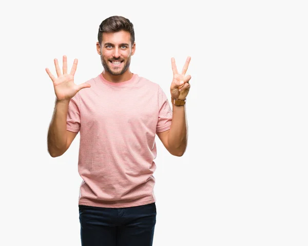 Jovem Homem Bonito Sobre Fundo Isolado Mostrando Apontando Para Cima — Fotografia de Stock