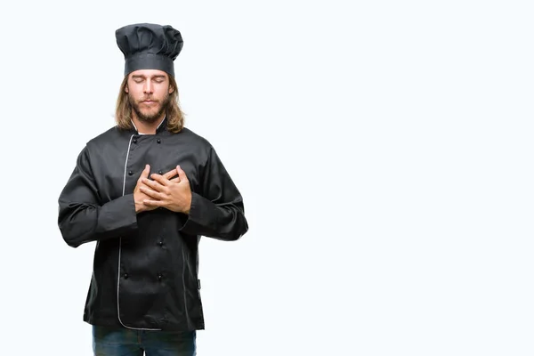 Young Handsome Cook Man Long Hair Isolated Background Smiling Hands — Stock Photo, Image