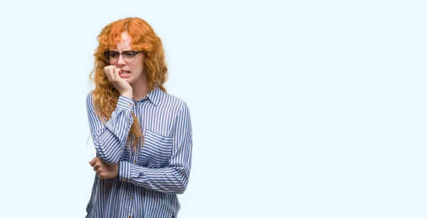 Young Redhead Bussines Woman Looking Stressed Nervous Hands Mouth Biting — Stock Photo, Image