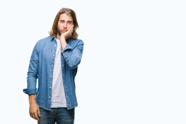 Young Handsome Man Long Hair Isolated Background Thinking Looking Tired — Stock Photo, Image