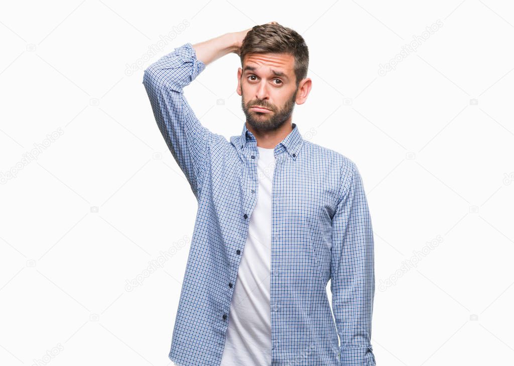 Young handsome man wearing white t-shirt over isolated background confuse and wonder about question. Uncertain with doubt, thinking with hand on head. Pensive concept.
