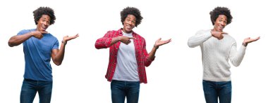 Kolaj Afrikalı-Amerikalı genç yakışıklı adamın üzerinden hayran ve el ile sunulması ve parmak ile işaret ederken kameraya gülümseyen izole arka plan.