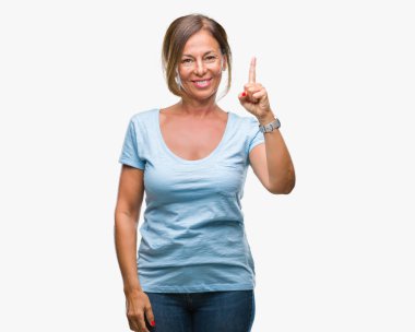 Orta yaş İspanyol kadın kıdemli başarılı fikirle parmağı yukarıyı izole arka plan üzerinde. Çıktıktan ve mutlu. Bir numara.