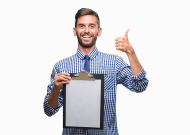 Ok işareti, başparmak ile parmak, mükemmel işareti yapıyor kocaman bir gülümseme ile arka plan mutlu pano holding genç yakışıklı iş adamı izole