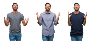 Kolaj izole arka plan çılgın ve kızgın bağırarak ve agresif ifade ve silah kaldırdı bağırmaya yakışıklı genç Hintli adam. Hayal kırıklığı kavramı.