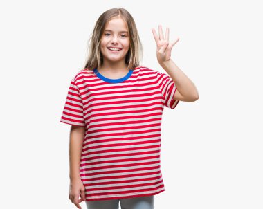 Genç güzel kız gösterilen ve parmakları ile işaret izole arka plan yüzünden kendinden emin ve mutlu gülümseyerek süre dört numara.