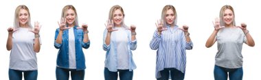 Kolaj üzerinde gösterilen ve parmakları ile işaret izole arka plan güzel sarışın genç kadının kendinden emin ve mutlu gülümseyerek süre 6 numara.