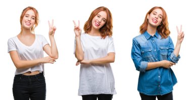 Genç güzel kızıl saçlı kadın mutlu yüz zafer işareti yaparken kameraya göz kırpıyor ile gülümseyen izole arka plan yüzünden kolaj. İki numaralı.