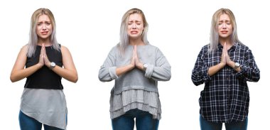 Kolaj yalvarıyor ve umut ifade yüzünde çok duygusal ve endişe ile birlikte elleriyle dua izole arka plan güzel sarışın genç kadın. Bağışlanmak. Din kavramı.