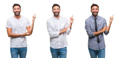 Yakışıklı genç Hintli izole arka plan üzerinde kolaj rahatla ve gülümseyen gözlerle parmak ile meditasyon jest yapıyor kapalı. Yoga kavramı.