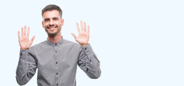Homem Jovem Hipster Mostrando Apontando Para Cima Com Dedos Número — Fotografia de Stock