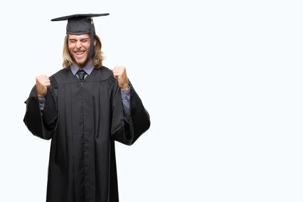 Young Handsome Graduated Man Long Hair Isolated Background Very Happy — Stock Photo, Image