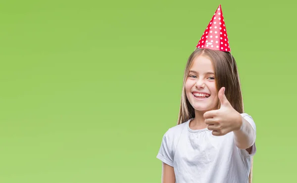 Mooi Meisje Verjaardag Glb Dragen Geïsoleerde Achtergrond Gelukkig Duimschroef Opwaarts — Stockfoto