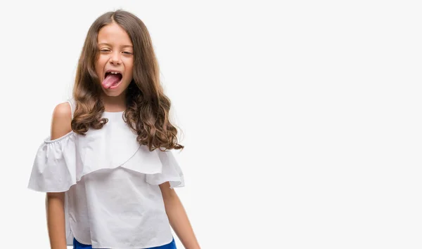 Brunette Hispanic Girl Sticking Tongue Out Happy Funny Expression Emotion — Stock Photo, Image