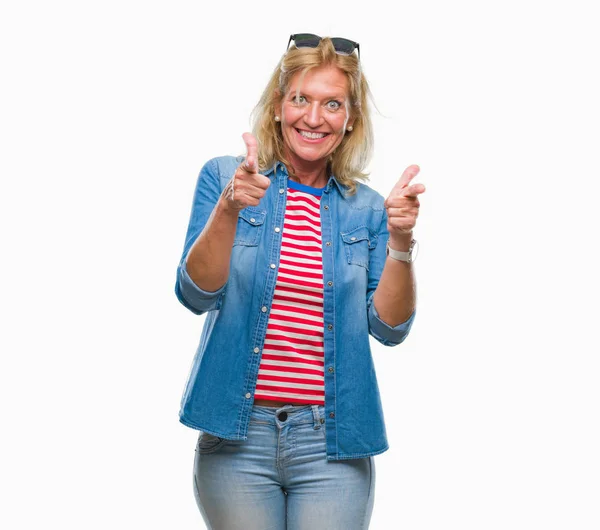 Middle Age Blonde Woman Isolated Background Pointing Fingers Camera Happy — Stock Photo, Image