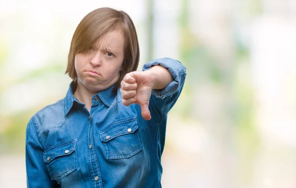 Sendromlu Mutsuz Kızgın Ret Gösterilen Başparmak Aşağı Hareketi Ile Negatif — Stok fotoğraf