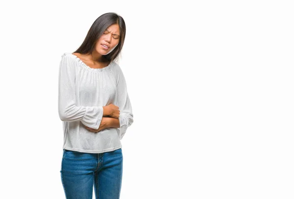 Young Asian Woman Isolated Background Hand Stomach Because Nausea Painful — Stock Photo, Image